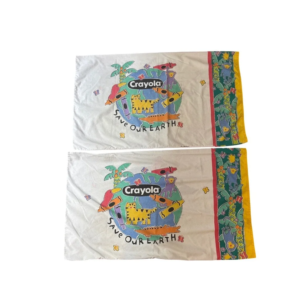 Crayola Pillowcase Set Kids White Vintage Save Our Earth Graphic SIZE Queen